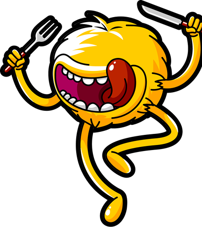 Monstro amarelo faminto com garfo e faca, pronto para ganhar prêmios